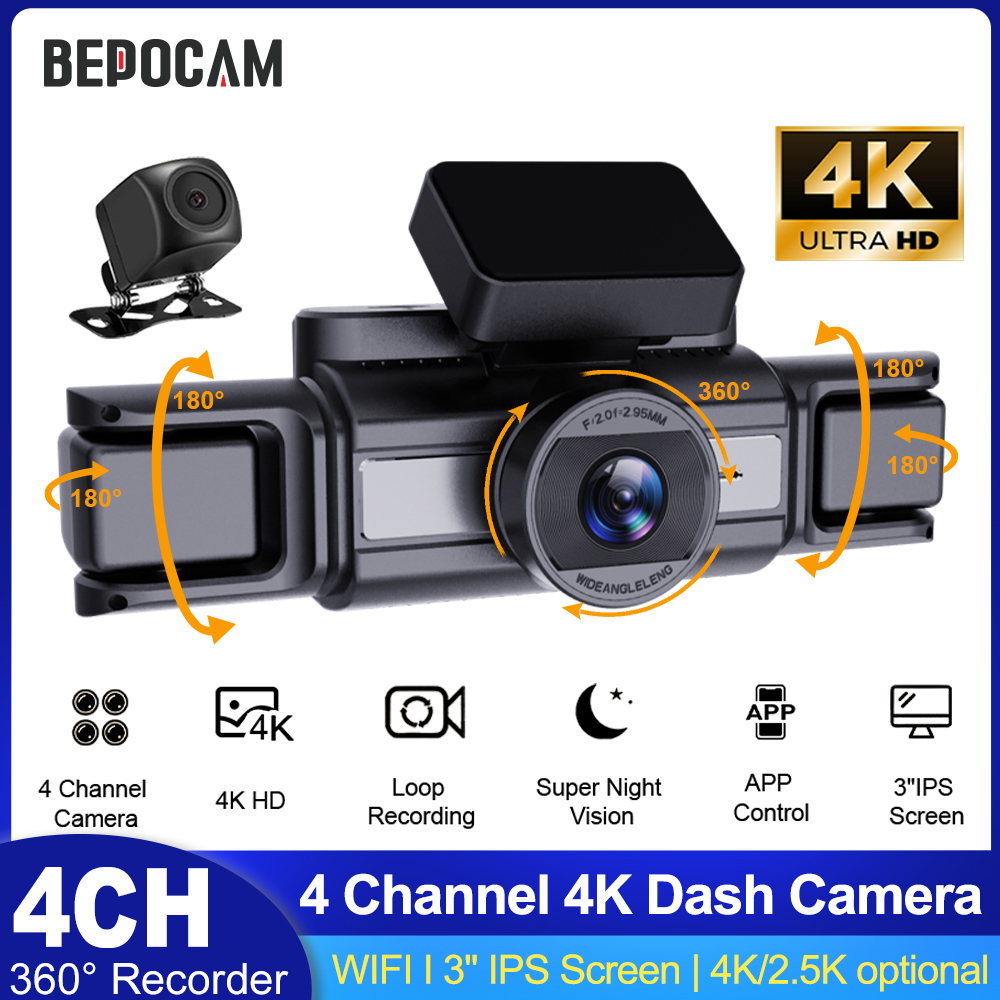 Panoramic Dash Cam 360 - BEPOCAM 4CH 4K Dash Camera for